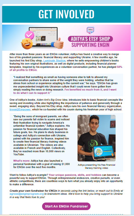 ENGin newsletter feature: Aditya's Etsy shop supporting ENGin