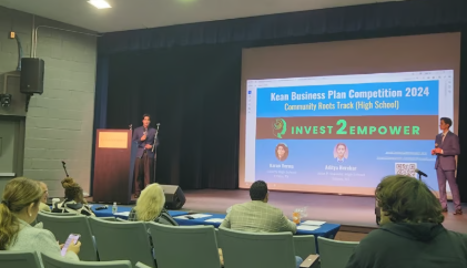Aditya Herekar and Karan Verma pitching Invest2Empower at the Kean Business Plan Competition 2024
