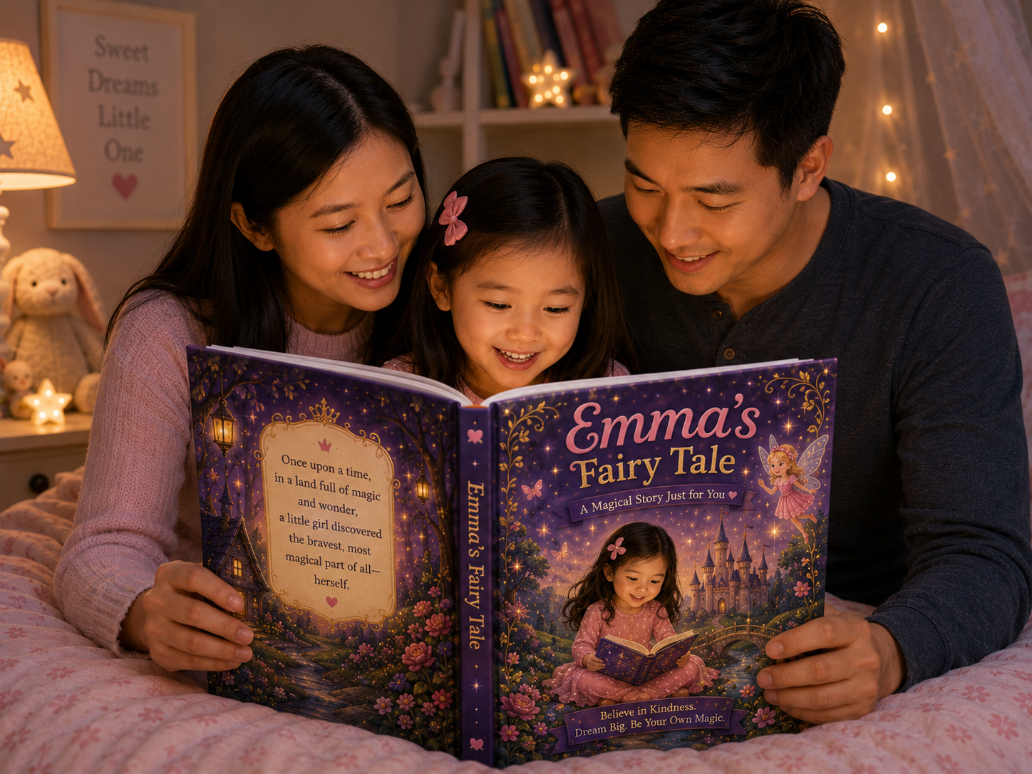 A family reading a personalized Luminate Studios storybook