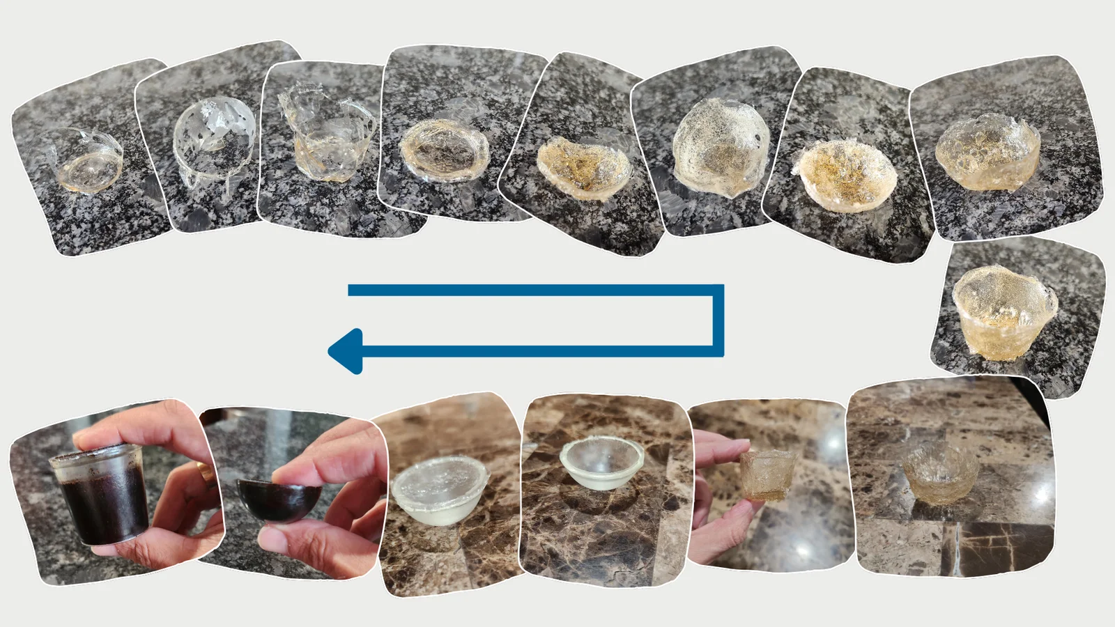 A sequence of failed pullulan pod prototypes, progressing from torn and bubbled shells to the final working pod holding coffee